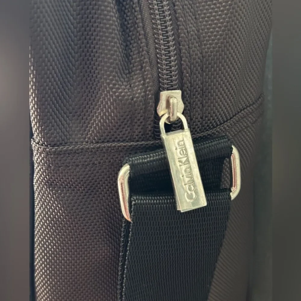 Calvin Klein Briefcase Messenger Bag Dark Chocolate Brown with Black Strap Zip